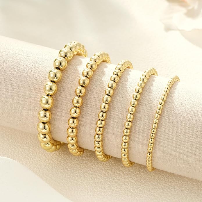 Gold Bead Bracelets for Women Girls - 14K Gold Plated Dainty Round Bead Ball Pearl Cross Bracelet Stack for Women Teenage Girls Stackable Jewelry Christmas Gifts