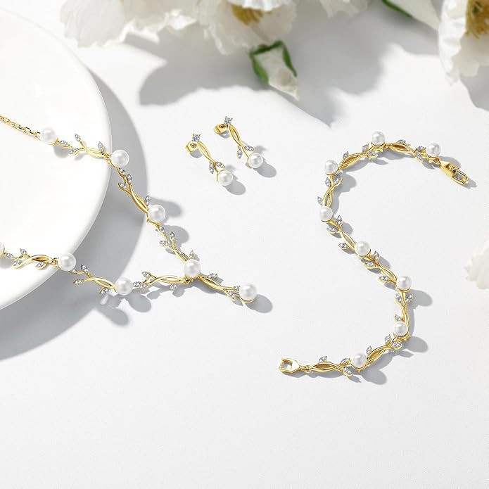 Hadskiss Jewelry Set for Women, Necklace Dangle Earrings Bracelet Set with White AAA Cubic Zirconia, Allergy Free Wedding Party Jewelry for Bridal Bridesmaid