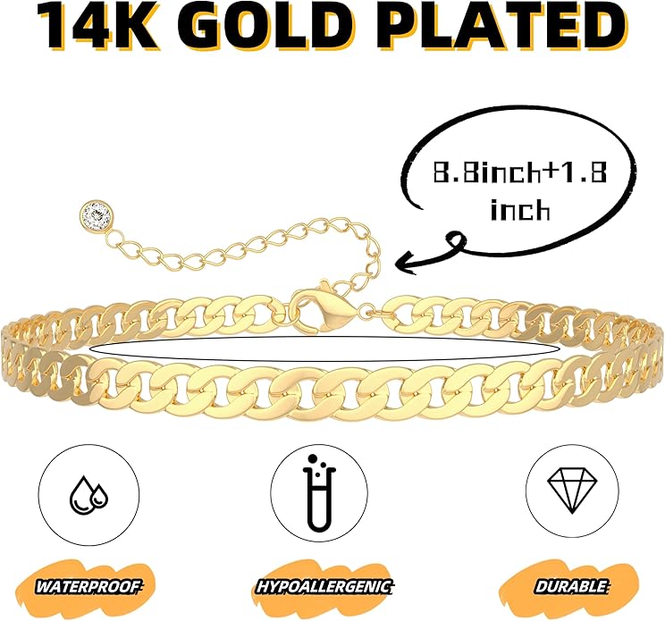 Gold Ankle Bracelets for Women Waterproof - Dainty Gold Anklets Trendy Layered 14K Gold/Silver Plated Stackable Chunky Cuban Link Chian Anklet Bracelet Set for Women Non Tarnish Jewelry Gift