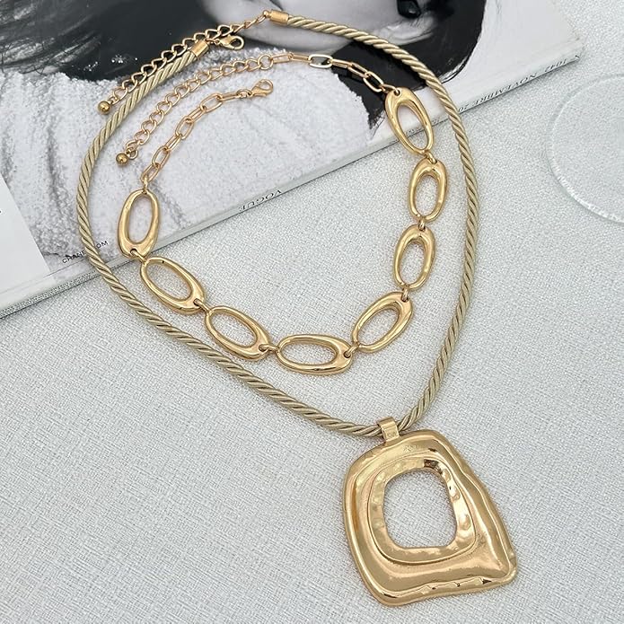 PLOUTOS Statement Modern Geometric Hollow Square Pendant Rope Chain Necklace for Women Bold Fashion Layering Collarbone Jewelry Party Wear Accessory