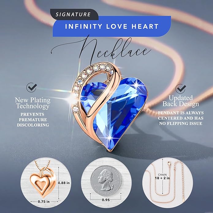 Leafael Rose Gold Plated Necklace for Women: Heart Shaped Birthstone/Healing Crystals Center, Dazzling Cubic Zirconia, Hypoallergenic Chain (18"+2"), Jewelry Gifts for Anniversaries and Birthdays