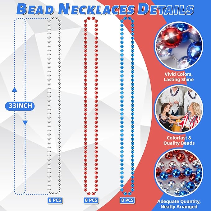 YAXINRUI 24 PCS Patriotic Beads Necklaces, 4th of july Accessories 33 Inch Independence Day Bead Necklace 4th of July Beads for Patriotic Parade Party