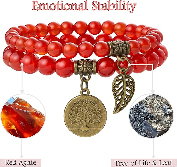 Bivei Natural Semi Precious Gemstone beads bracelet for women - Life Tree and Leaf Charm Energy Reiki Crystal Stretch Bracelets
