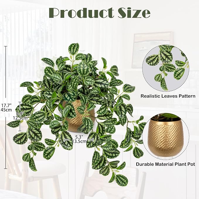 Briful Faux Plants Indoor 17.7in Fake Watermelon Peperomia Plant in Gold Pot - Image 2