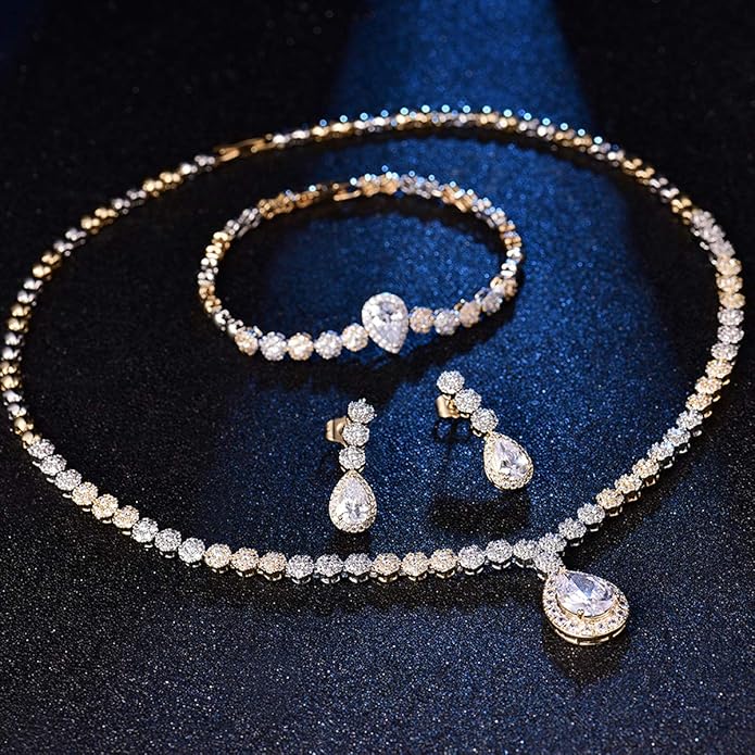 Hadskiss Jewelry Set for Women, Necklace Dangle Earrings Bracelet Set with White AAA Cubic Zirconia, Allergy Free Wedding Party Jewelry for Bridal Bridesmaid