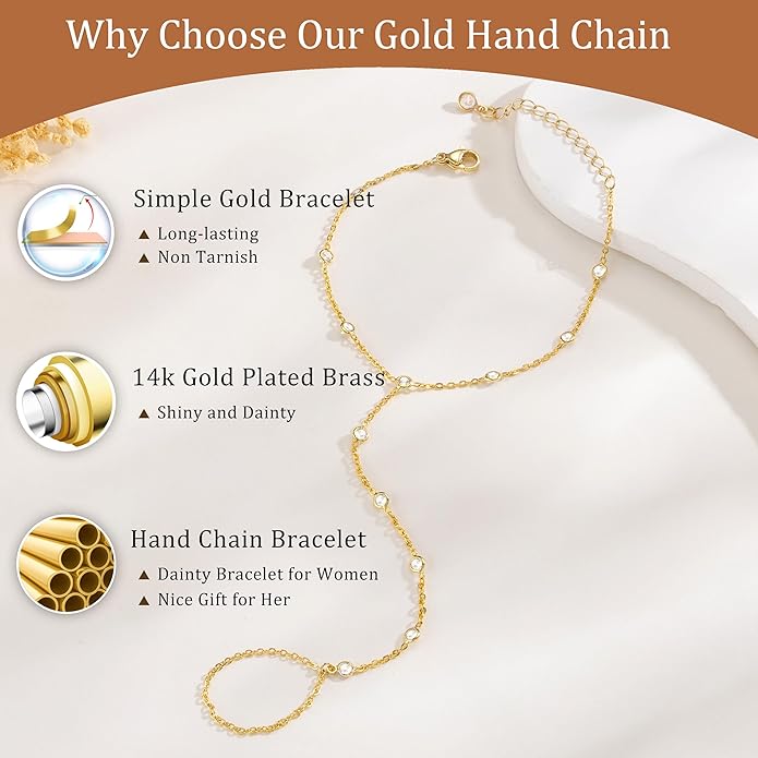 CHESKY 14K Gold Plated Hand Chain Bracelets for Women Set - Dainty Finger Ring Bracelet Stack Adjustable Hand Chains Durable Beaded Bracelets Trendy Simple Body Jewelry Gift for Women
