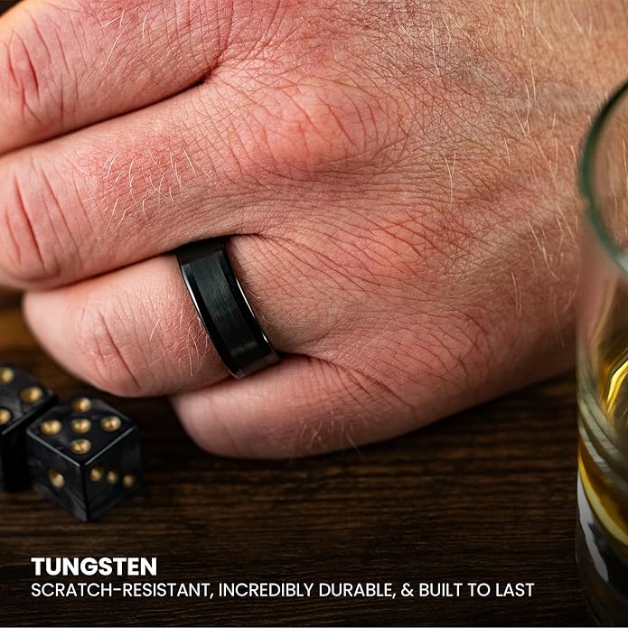 Manly Bands: Mens Black Plated Tungsten and Black Zirconium Wedding Bands and Rings - Comfort Fit and Stylish Black Rings for Men, Free Silicone Ring Included