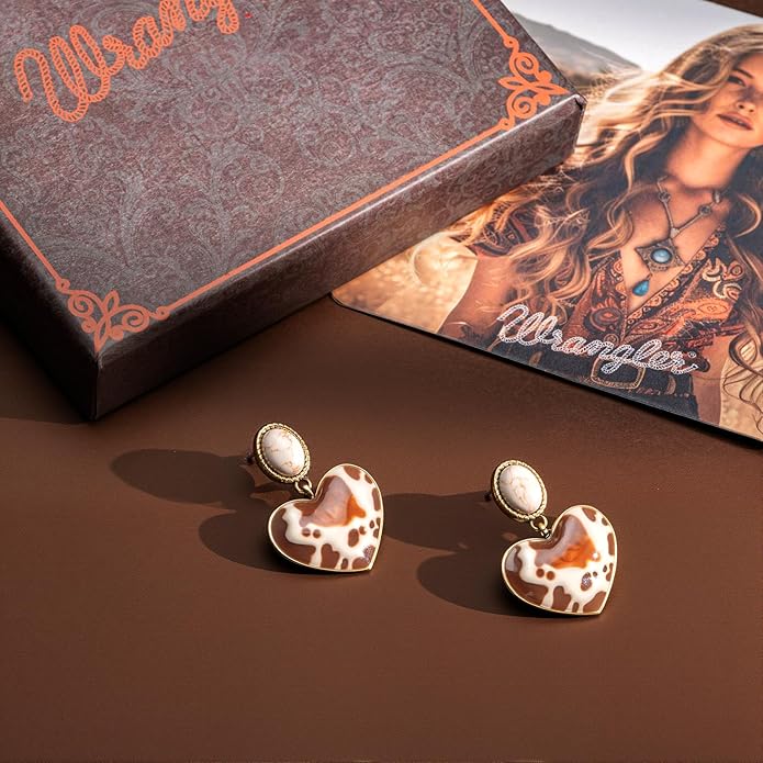 Wrangler Western Heart Drop Dangle Earrings for Women Statement 14k Gold Turquoise Cow Print Cowgirl Trendy Jewelry