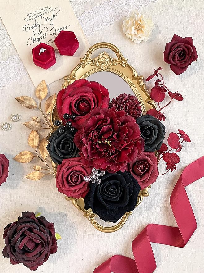 FACINOC Roses Artificial Flowers Burgundy Black Fake Flower Bulk - Image 3