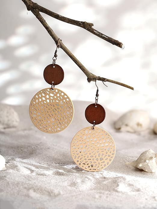 MINACHI Bohemian Hollow Cut-Out Wood Leather Dangle Drop Earrings, Boho Chic Hippie Statement Jewelry Gift for Women