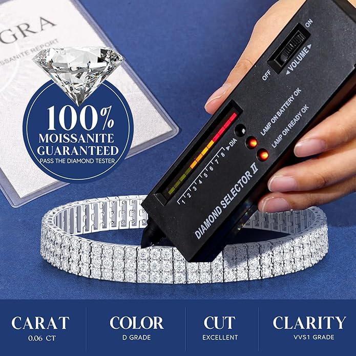 FANCIME Moissanite Tennis Bracelet 11.88 Carats 3-Row 925 Sterling Silver Tennis Bracelet 2.5 mm D Color VVS1 Round Cut Moissanite Bracelet for Women 7.5"