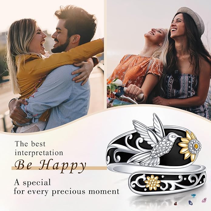 FLYOW Sterling Silver Sunflower Spoon Ring Victorian Style Boho Antique Flower Adjustable Open Ring Retro Statement Cubic Zirconial/Turquoise/Oxidized Thumb Rings for Women Birthday Christmas Jewelry