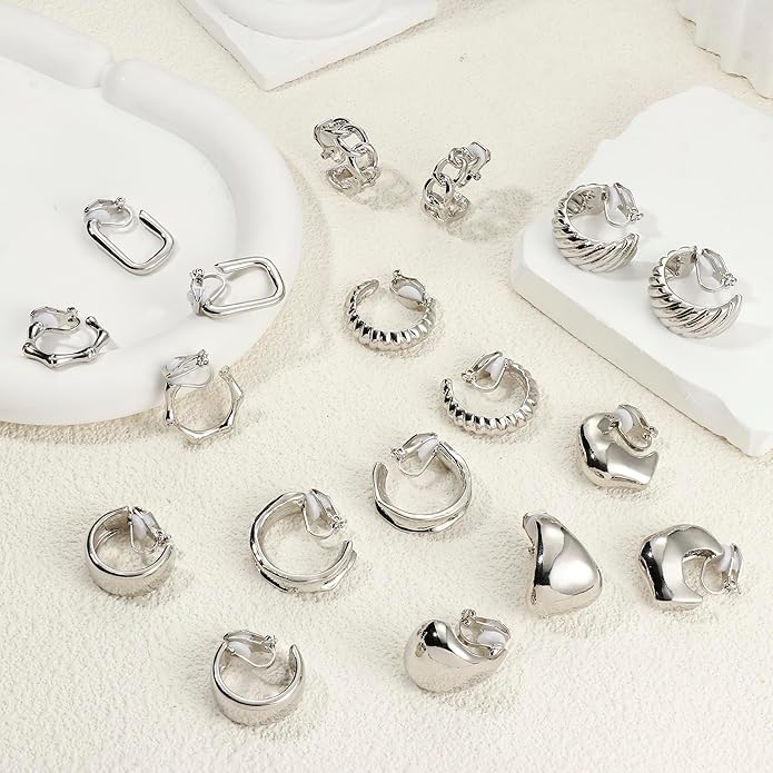 THUNARAZ 9 Pairs Clip on Earrings for Women 14K Gold Plated Chunky Hoop Clips Earring Trendy Clip on Hoop Earrings for Women Non-Pierced Fake Jewelry