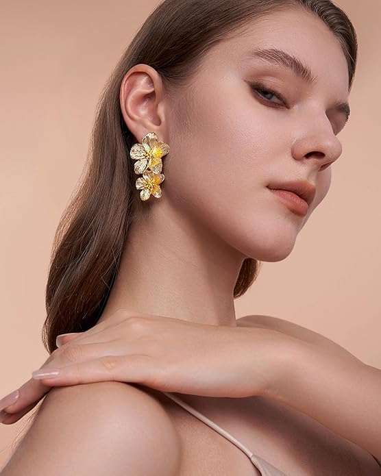 18K Gold Plated Large Chunky Flower Statement Earrings for Women by SNGIA, Summer Beach Floral Handmade Drop Jewelry, Maximalist Wedding Date Birthday Gift, Bold Exaggerated Textured Dangle Trendy Ribbed Jewelry, 18K Gold Plated Chandelier Fashion Acce...