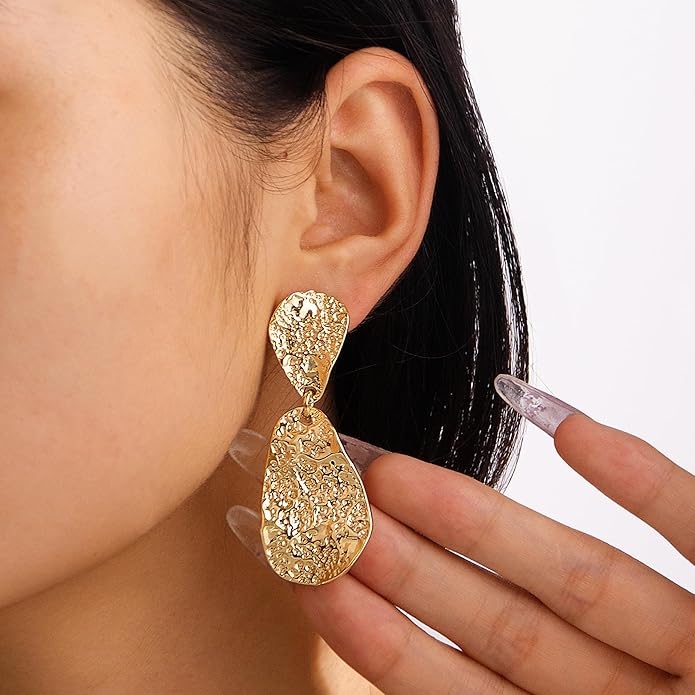 Chunky Gold Earrings for Women - Hammered Gold Plated Dangle Drop Jewelry Gifts