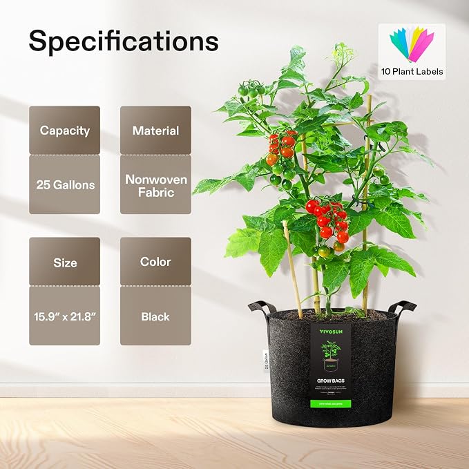 VIVOSUN 5-Pack 25 Gallon Plant Grow Bags Fabric Pots - Image 6