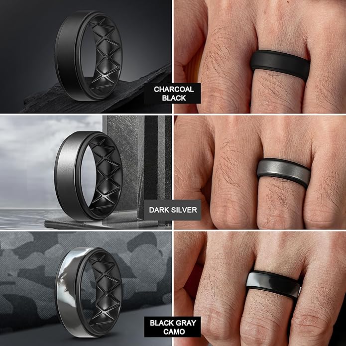 Egnaro Silicone Rings for Men 1/4/5/6/7 Multipack of Breathable Mens Silicone Rubber Wedding Rings Bands - Step Edge