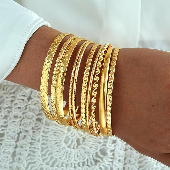 ÌF ME Gold Bangle Bracelets for Women, Indian Bangles Stackable Set, Multi Layer Textured 14K Gold Plated Chunky Bracelets Boho Jewelrys Set