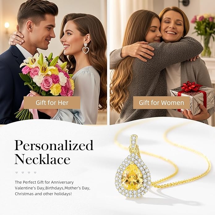 Valentine's Day Gift for Wife/Her-18K Gold Plated Teardrop Birthstone Necklace- with Light-Up Gift Box,Jewelry for Women,Anniversary Birthday Gifts for Women Her Wife Girlfriend Mom,Womens Jewelry