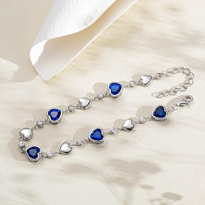 Carleen Birthstone Bracelets for Women 925 Sterling Silver Five Heart Station Created Gemstone Tennis Bracelet Jewelry Anniversary Birthday for Wife, 7"+1.2" Extender