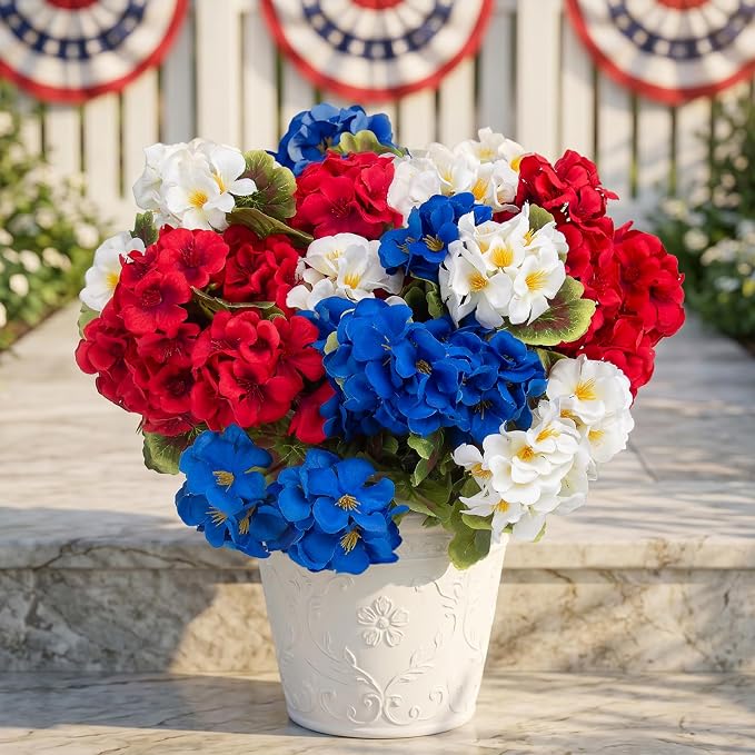 lovemoon 8 Pcs Artificial Geraniums Realistic Silk Patriotic Flowers by Lovemoon