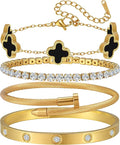 18K Gold Plated Bangle Bracelets Stack for Women,Four Leaf Clover Stackable Bracelets Non Tarnish,4 Pcs Jewelry sets Gifts