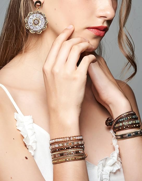 Bracelet for Women – Handmade Vegan Boho Natural Stone Layered Bracelet, Thailand Bohemian Stackable Beaded Wrap Bracelets, Summer Hippie Bracelet Stack, Fashion Jewelry Gifts