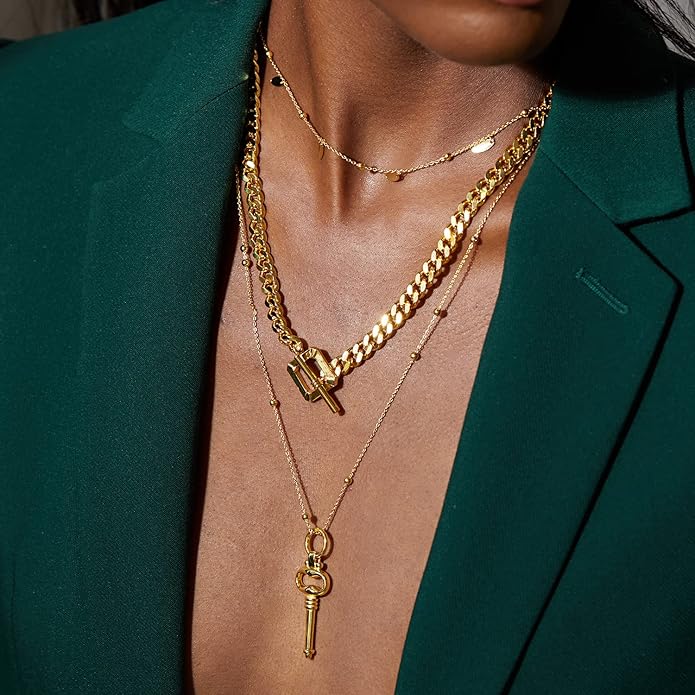 Dainty Layered Choker Necklace 18k gold Plated Y Pendant Commemorative coin Necklace Multilayer Bar Disc Necklace Adjustable Layering Choker Necklaces fashion jewelry for Women Girls
