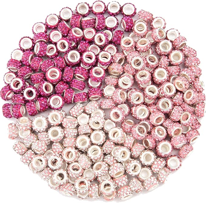 200 Pieces European Large Hole Spacer Beads, Zyehxed Pink European Craft Beads Rhinestone Lampwork Beads Fairy Garden Beads for DIY Charms Bracelet Necklace Earring Jewelry Making Supplies