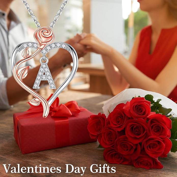 Iefil Valentines Day Gifts for Her - 925 Sterling Silver Rose Heart Initial Necklace, Anniversary Birthday Gifts for Women, Jewelry Gift for Her Wife Girlfriend