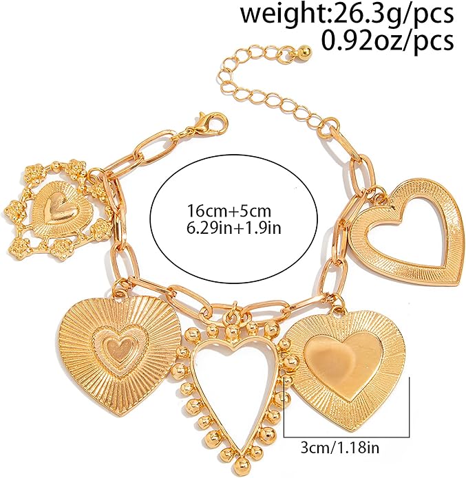 Gold Heart Chunky Charm Necklace for Women with Matching Bracelet, Healing Boho Jewelry Set, Italian Mirror-Polished Alloy, Spiritual Energy Pendant for Meditation, Growth & Inner Strength Gift