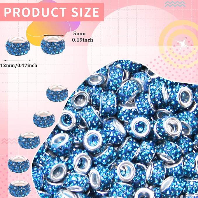 200Pcs Blue Large Hole Rhinestone Beads, Round, Loose Beads, Craft Bead, DIY Bracelet Necklace Jewelry Making Supplies