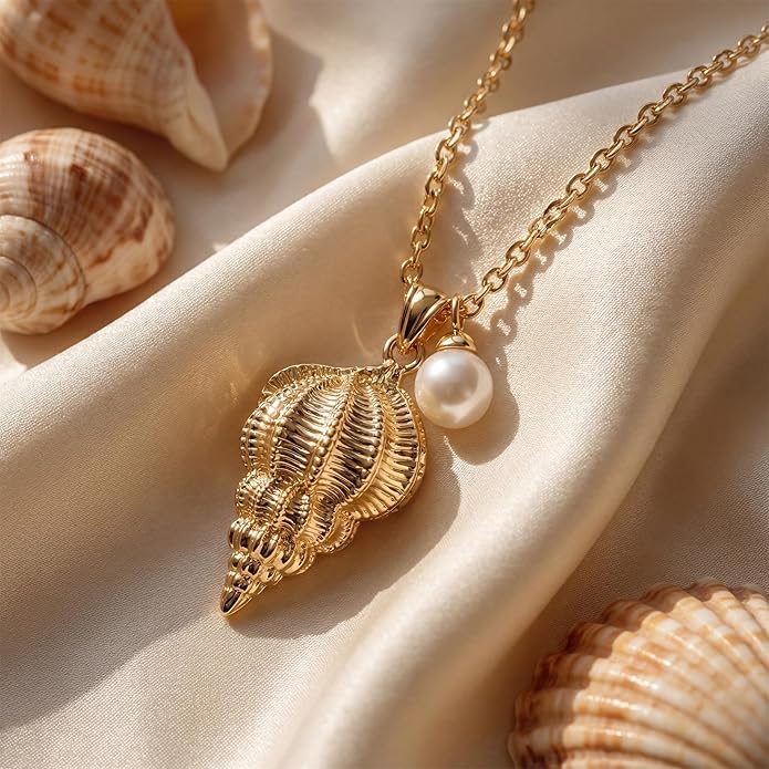 MEVECCO Dainty Gold Pendent Necklace for Women 18K Gold Plated Pearl CZ Starfish Seashell Conch Star Crab Boho Handmade Ocean Chain Necklace Summer Beach Jewelry Gift