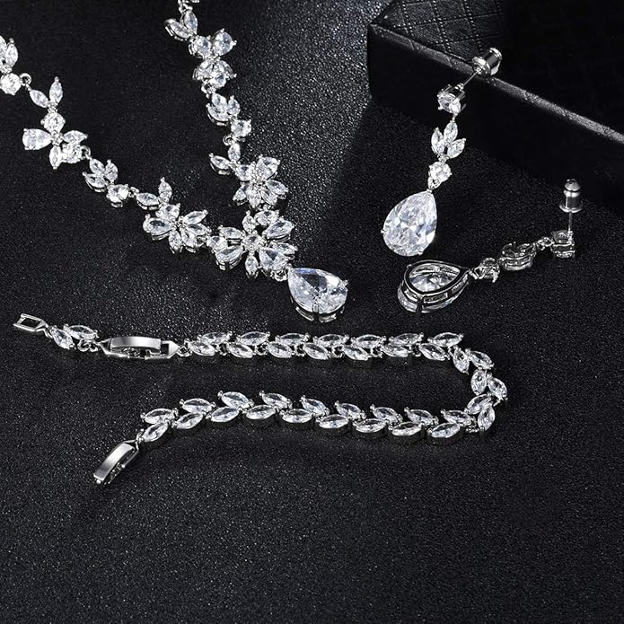 Hadskiss Jewelry Set for Women, Necklace Dangle Earrings Bracelet Set with White AAA Cubic Zirconia, Allergy Free Wedding Party Jewelry for Bridal Bridesmaid