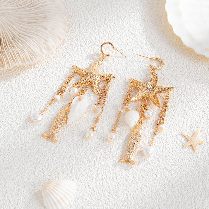 Gold Starfish Earrings for Women Trendy Dainty Starfish Statement Stud Earrings Hypoallergenic Summer Beach Ocean Coastal Jewelry