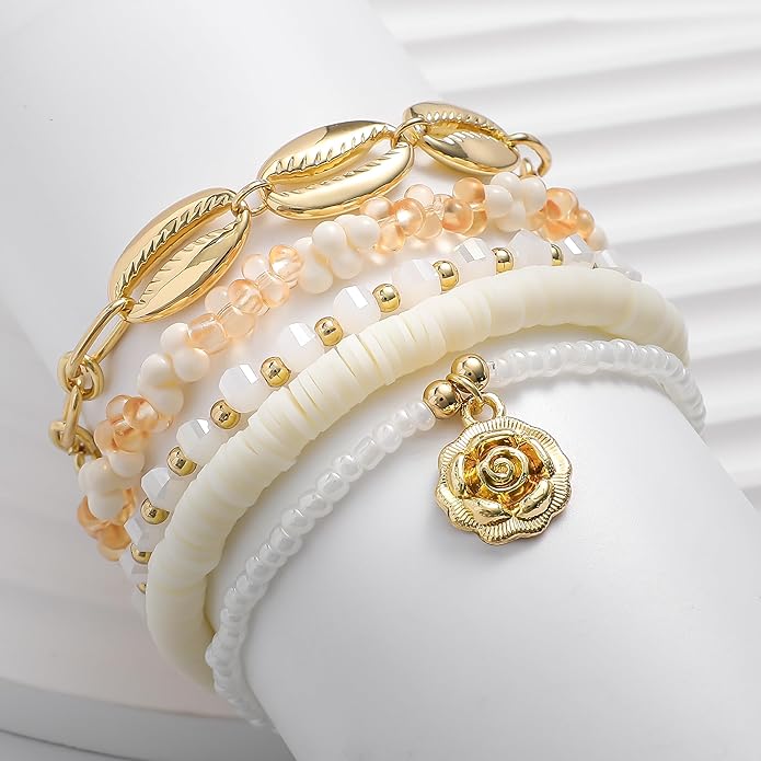 Shell Bracelet Seashell Boho Beaded Stretch Bracelets for Women Summer Beach Bracelets Starfish Charm Bracelet Stackable Gold Plated Bracelets Set for Women