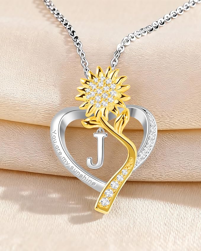 Birthday Gifts for Women Preserved Real Rose with Sunflower Initial Necklace - Birthday Gifts for Women Her Mom Wife on Valentines Mothers Day Christmas Anniversary Romantic with Pendant J