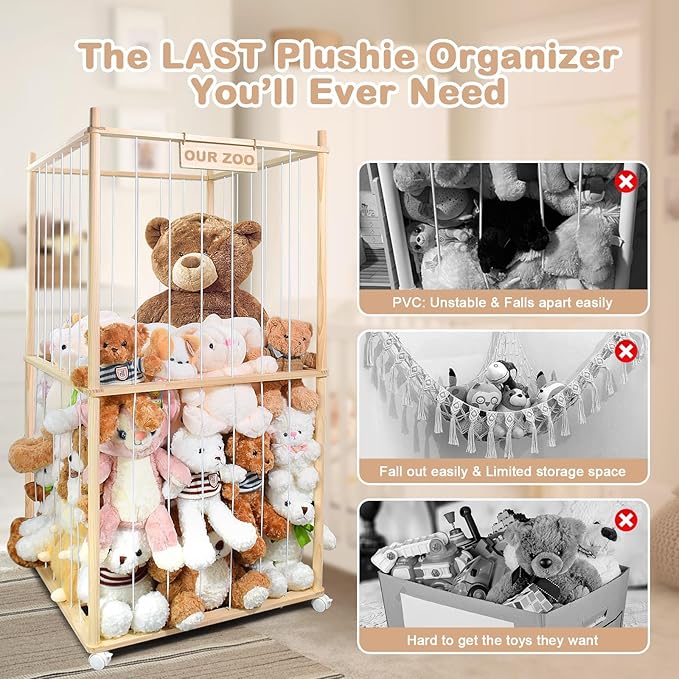 Stuffed Animal Storage, Wood Stuffed Animal Zoo Storage with Brake Wheels, Extra Large Capacity Plush Toy Cage, Space Save Toy Organizer with Kids, Perfect for Nursery Playroom Kidroom Bedroom