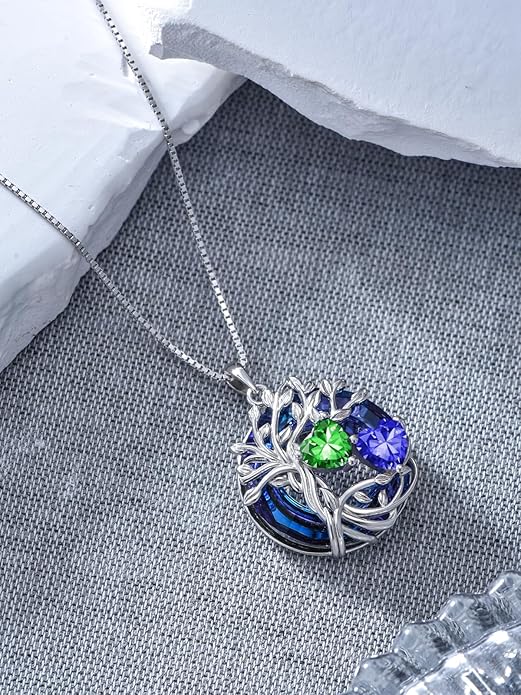 TOUPOP s925 Sterling Silver Family Celtic Tree of Life Pendant Necklaces with 2 Heart Birthstone with Blue Austrian Crystal Jewelry Birthday Valentines Day Gifts for Her, Anniversary Christmas Gifts for Wife Girlfriend Mom (18K Real White Gold Filled)