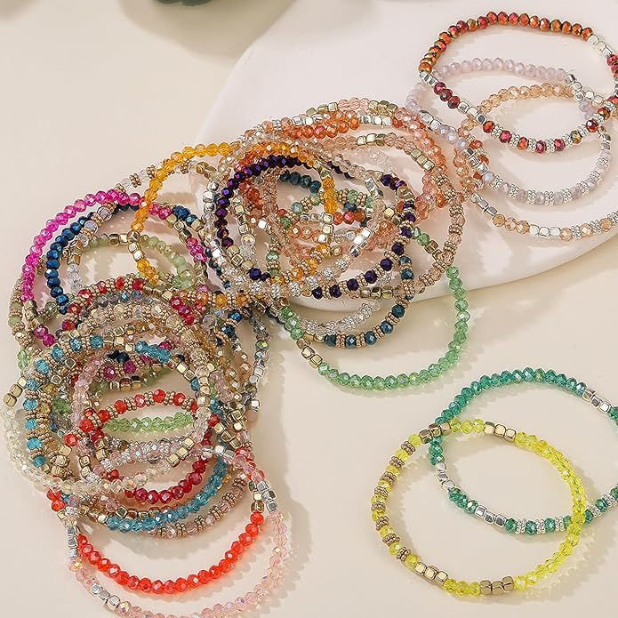 30Pcs Boho Beaded Bracelets for Women Colorful Stackable Sparkly Crystal Beads Bracelets Multi-Layer Versatile Statement Bracelets Stretch Cuff Jewelry Gifts