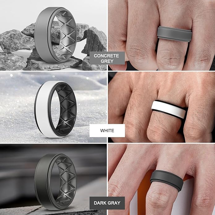 Egnaro Silicone Rings for Men 1/4/5/6/7 Multipack of Breathable Mens Silicone Rubber Wedding Rings Bands - Step Edge