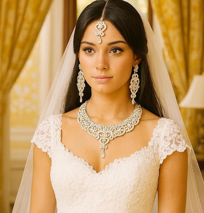 Touchstone Indian jewelry set for women bollywood gold jewellery wedding outfits necklace sets earrings bridal maang tikka fancy costume girls big desi accessories rhinestone in gold or silver tone