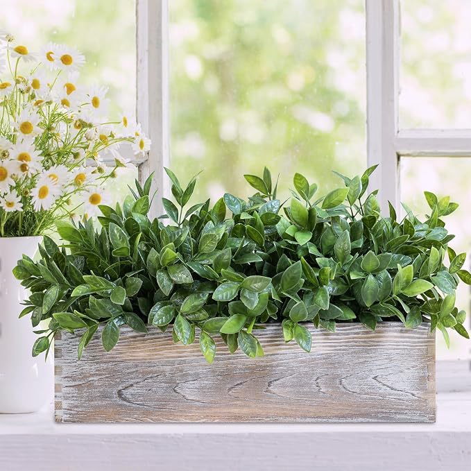 Winlyn 14" Faux Boxwood Plant in Rectangular Wood Planter Box Rustic Greenery - Image 3