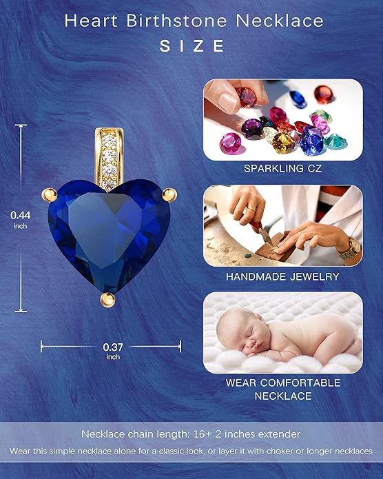 Genuine Birthstone Necklace for Women, Heart Love Necklace, Birthday Gifts for Her
