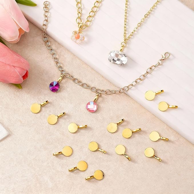 100 pcs Gold Bails for Jewelry Making, Zinc Alloy on Flat Pad Bail Pendant Connectors Round Hanger Glue on Pendant Bails for Pendants Craft DIY Jewelry Making Accessories