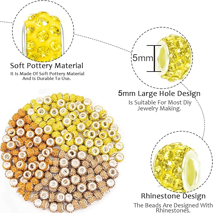 200 Pieces European Large Hole Spacer Beads, Zyehxed Yellow European Craft Beads Rhinestone Lampwork Beads Fairy Garden Beads for DIY Charms Bracelet Necklace Earring Jewelry Making Supplies