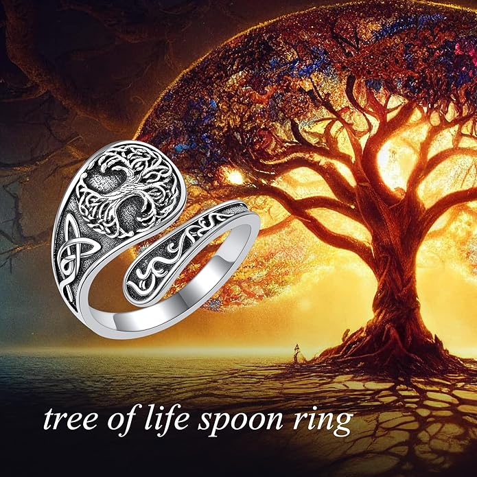 Spoon Rings 925 Sterling Silver Adjustable Hummingbird/Shark/Daisy/Tree Of Life/Dragonfly/Witches Knot/Sea Turtle Ring Thumb Rings Birthday Jewelry Gifts for Women Mother