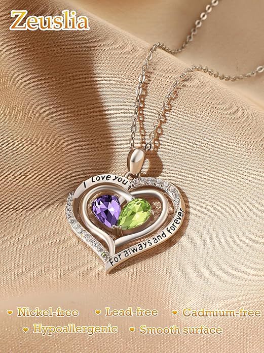Valentine's Day Gifts for Wife 925 Sterling Silver Double Birthstone Pendant Necklaces I Love You for Always and Forever Necklace Anniversary Birthday Gifts for Wife Girlfriend Mom Her