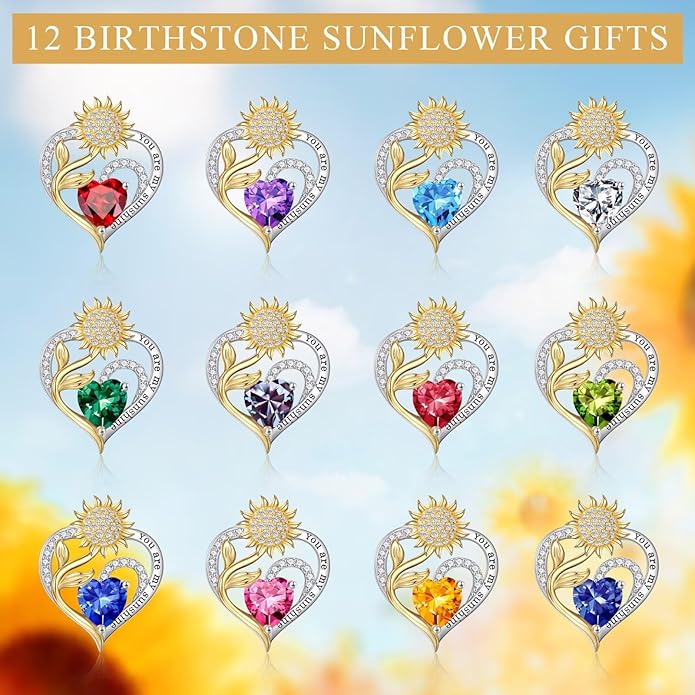 Iefil Valentines Day Gifts for Her - Sunflower Heart Birthstone Necklace Gifts for Women, Anniversary Birthday Gifts for Her 925 Sterling Silver Necklace You Are My Sunshine Jewelry for Wife Mom
