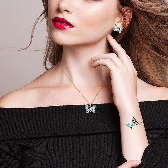 MISS RIGHT Butterfly Crystal Jewelry Set with Butterfly Necklace Stud Earrings Bolo Bracelet Adjustable Ring for Women Trendy, Iridescent Y2K Dainty Butterfly Jewelry Gifts